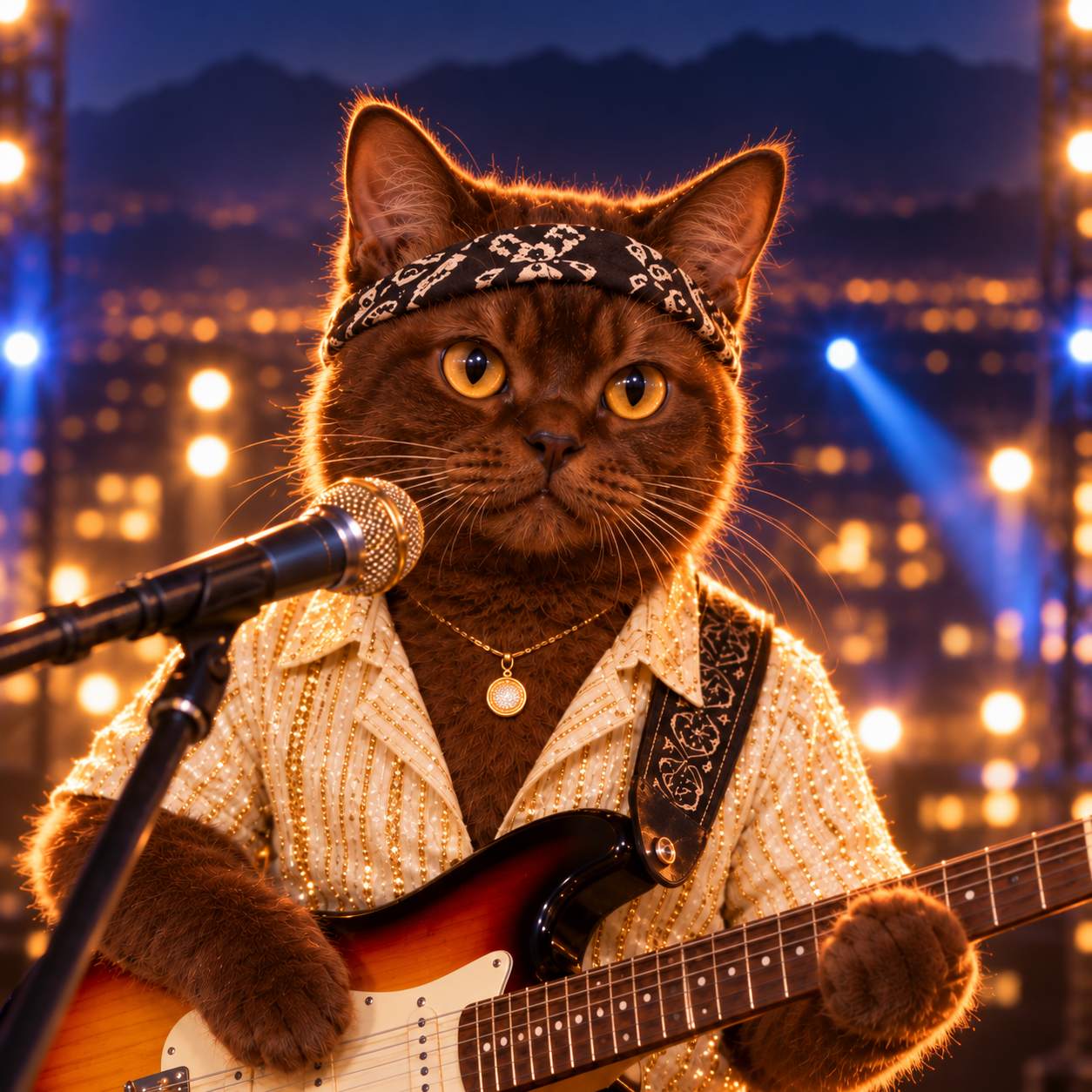 Frontal concert reference of Bruno the Burmese cat in his cream and gold shirt
