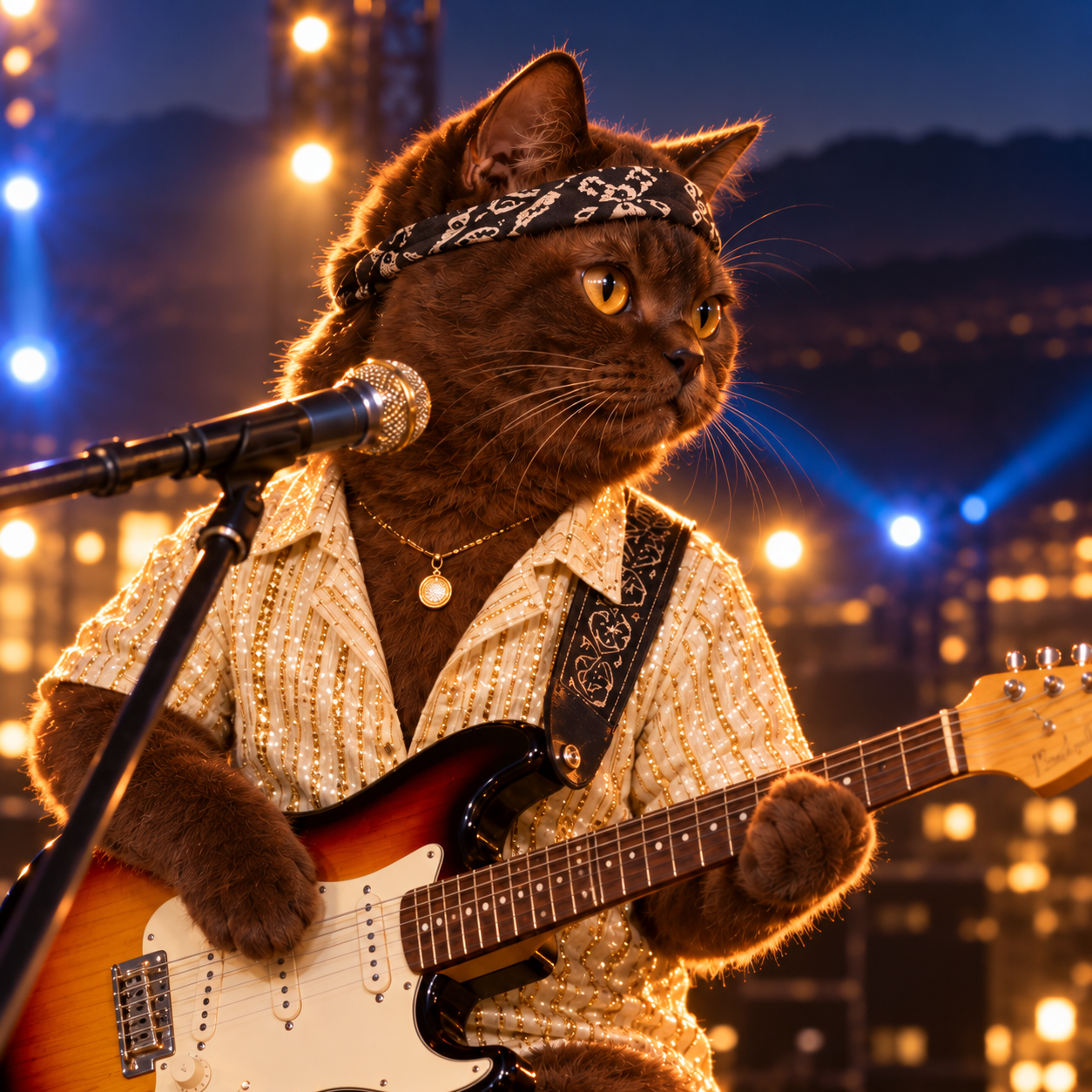 Chocolate Burmese Bruno at his mic and guitar
