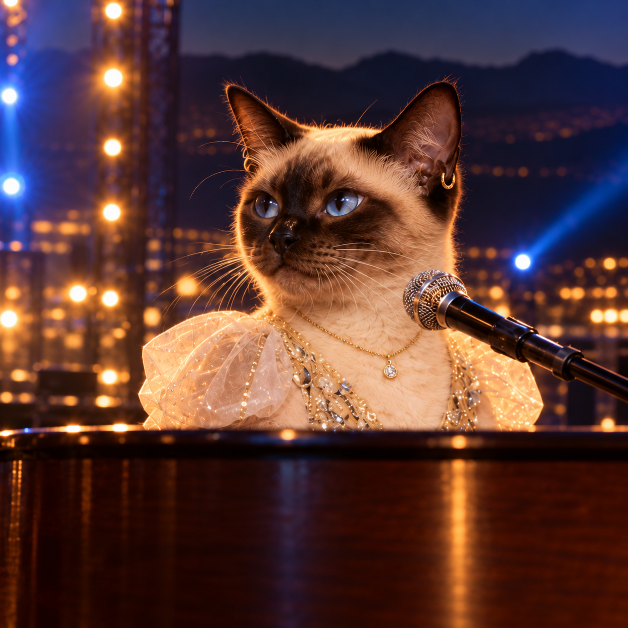 Siamese Gaga without wig, behind an opaque piano